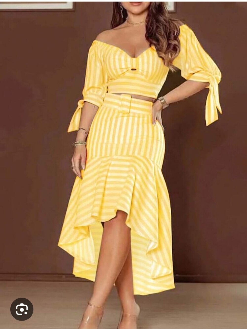 Yellow Striped Two-Piece Off-Shoulder Skirt Set S Xl.